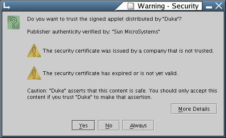 Digital certificate security warning